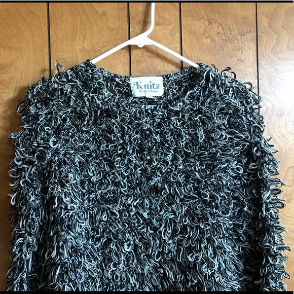 For Love and Lemons Knitz Joplin Shaggy Gray Black Fuzzy Sweater Pullover XS EUC - Picture 6 of 12